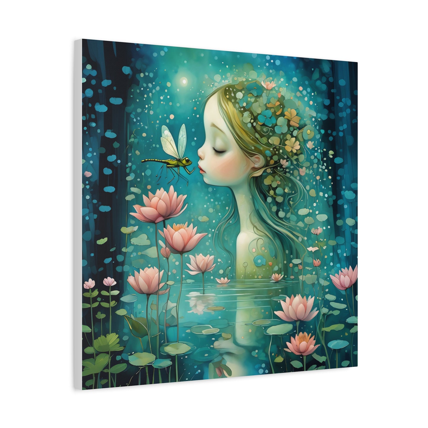 Whimsical Water  Fairy with a dragonfly Canvas Art - Enchanting Home Decor for Nature Lovers