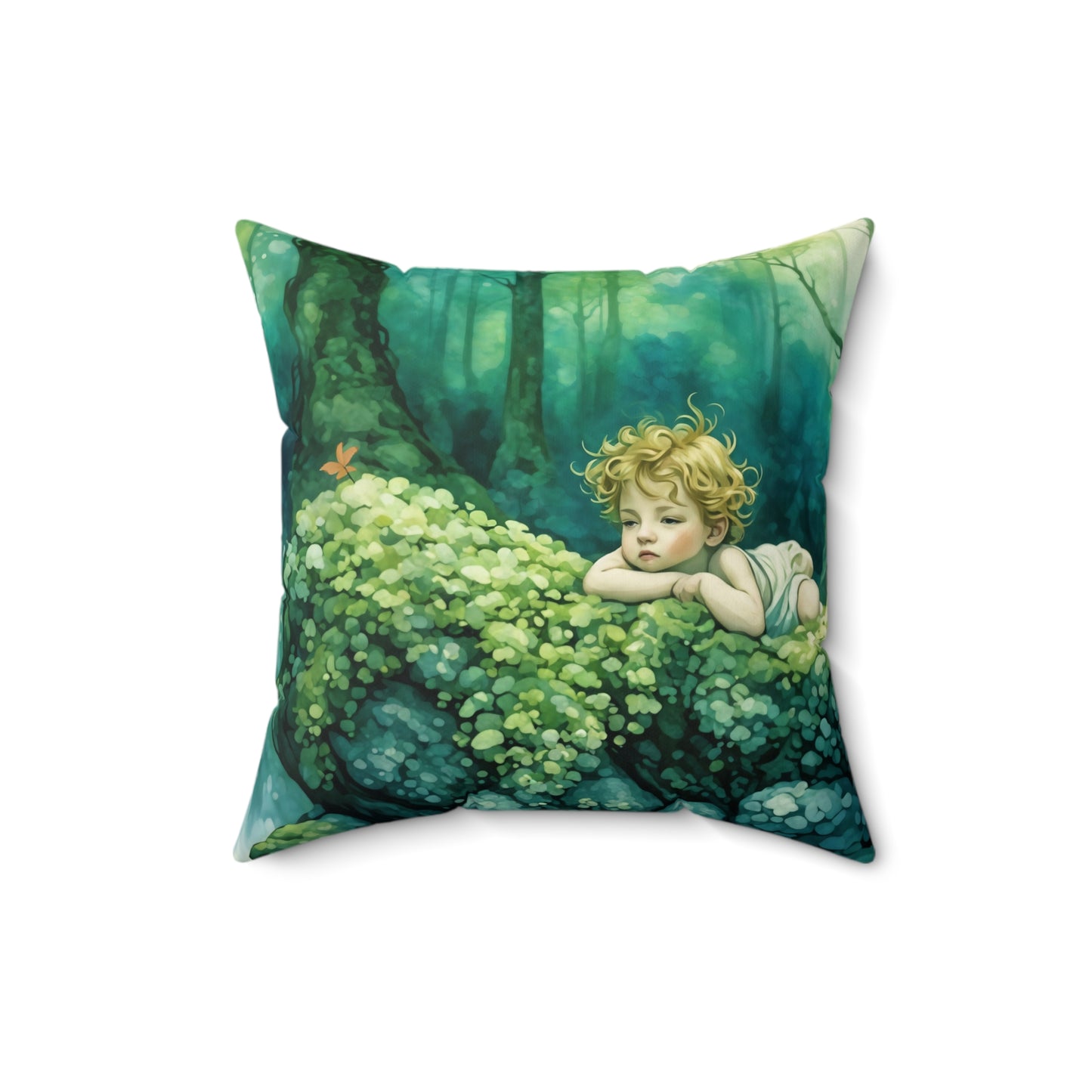 Cherub in the woods Square Pillow - by Fairyhill Studio