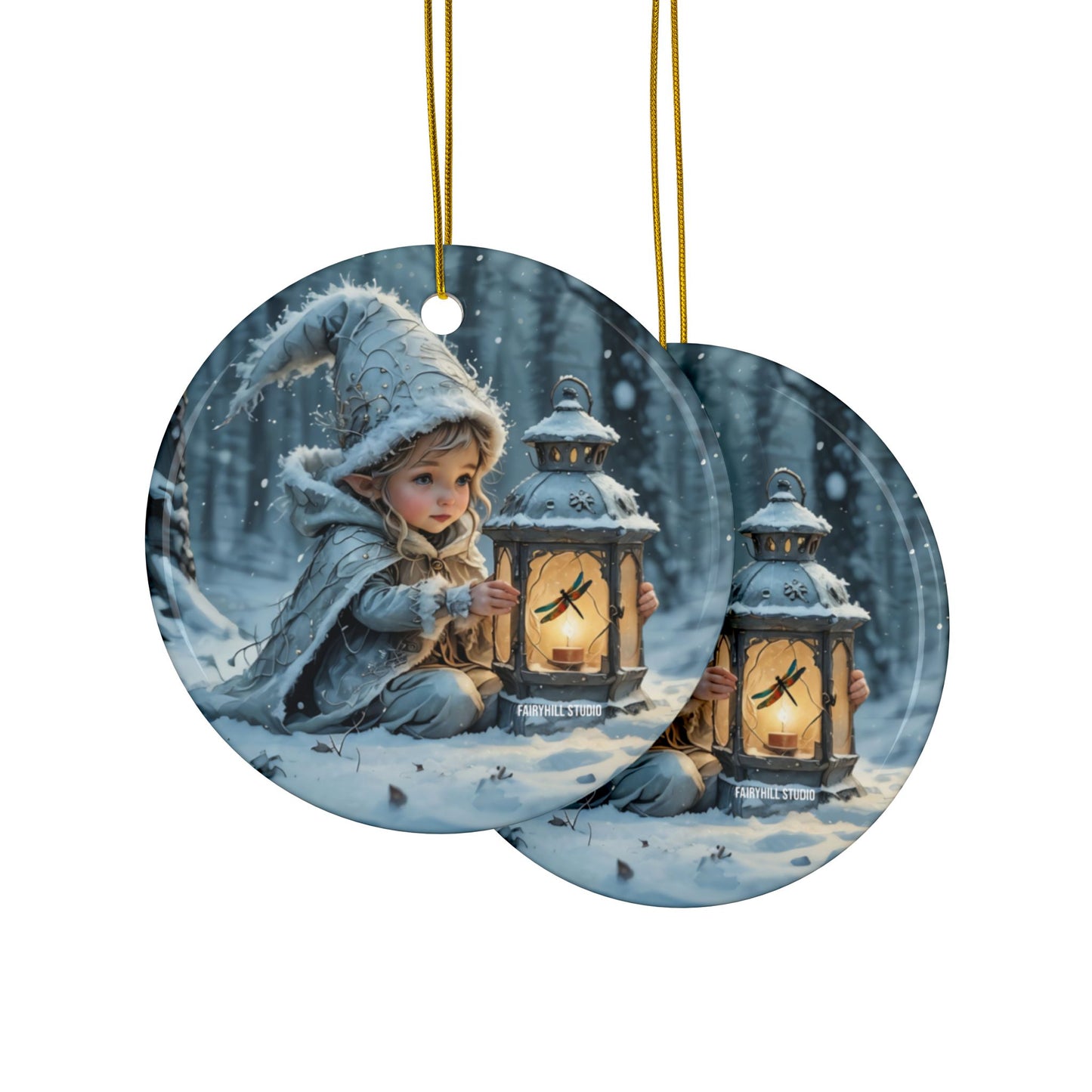 Ceramic Ornaments - Magical Holiday Elf with Dragonfly Lantern Art