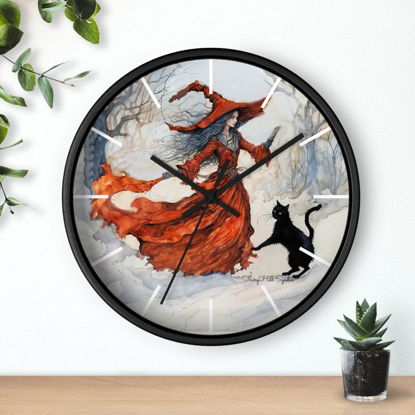 Crimson Witch with black cat Wall Clock, Boho Home Decor, Cat Lover Gift, Cozy Living Room Accessory, Unique Cat Artwork