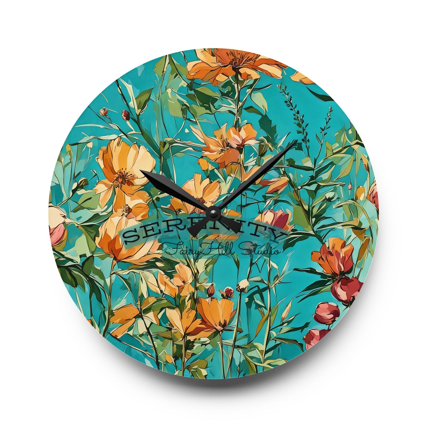 Acrylic Wall Clock blue orange wild flowers
