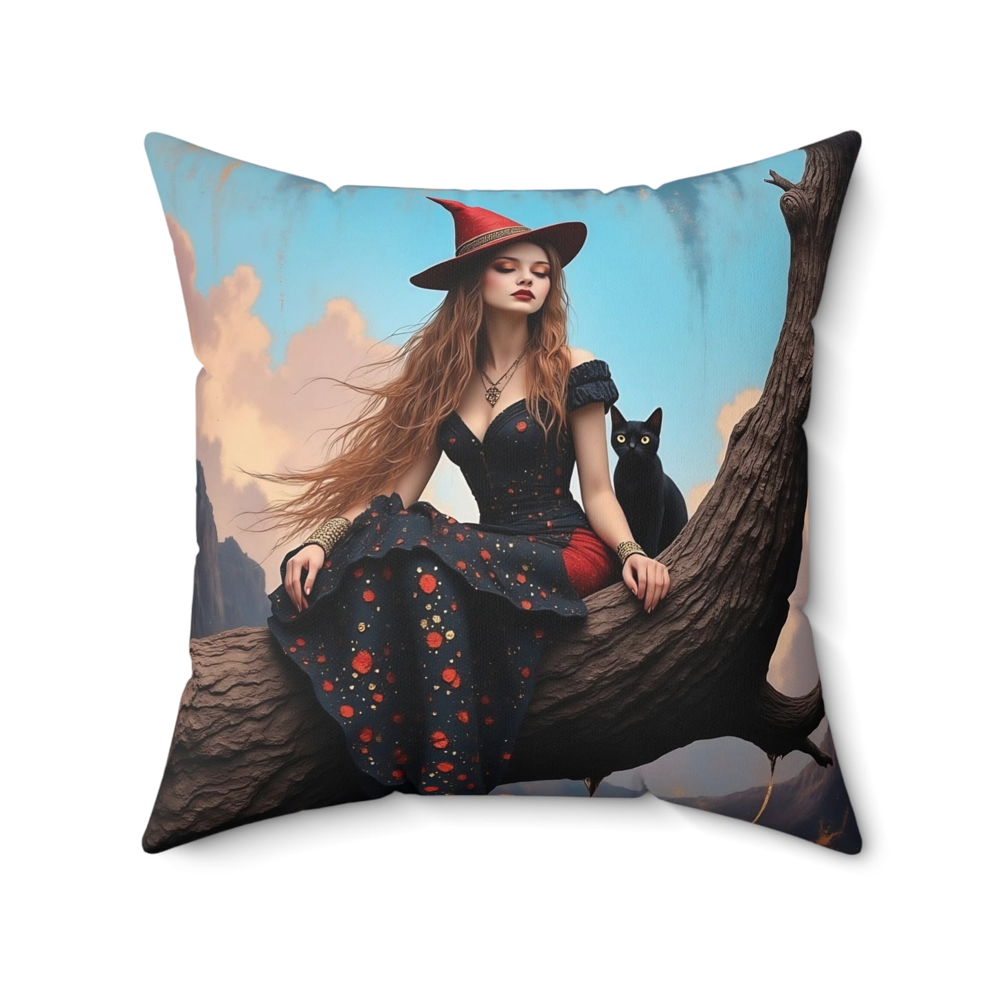 Elegant witch with black cat Square Pillow - by Fairyhill Studio