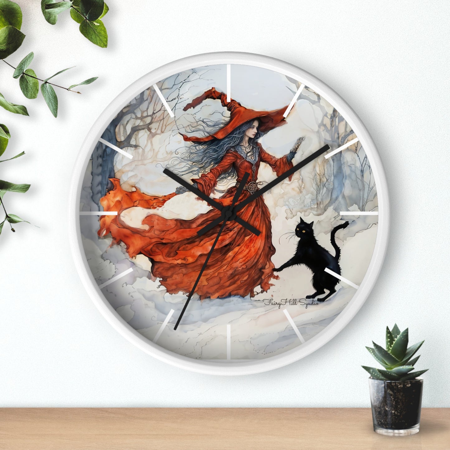 Crimson Witch with black cat Wall Clock, Boho Home Decor, Cat Lover Gift, Cozy Living Room Accessory, Unique Cat Artwork