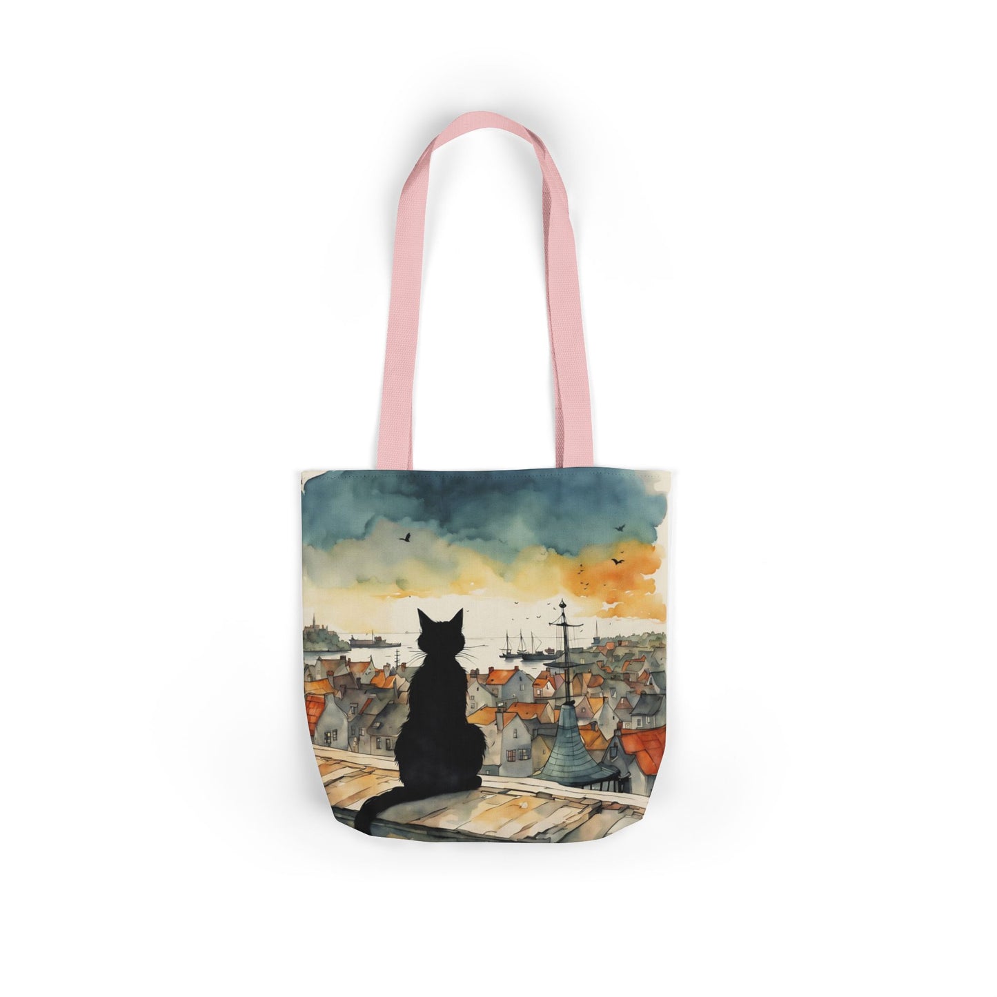 Black cat on a roof top FairyHill Studio Red phone- Canvas Tote Bag - Perfect for Beach Days, Eco-Friendly Shopping, and Summer Fun!
