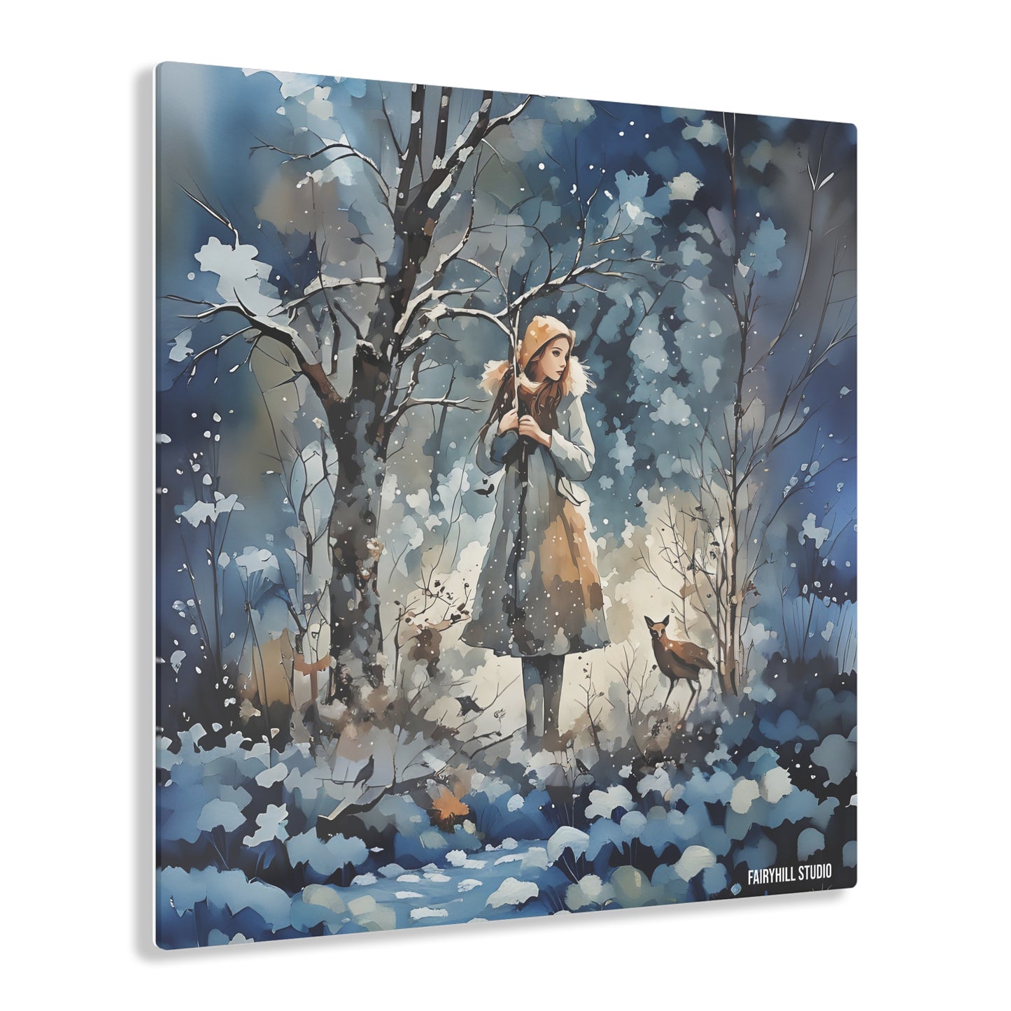 Art Acrylic Prints - Girl with Deer in Winter Snow