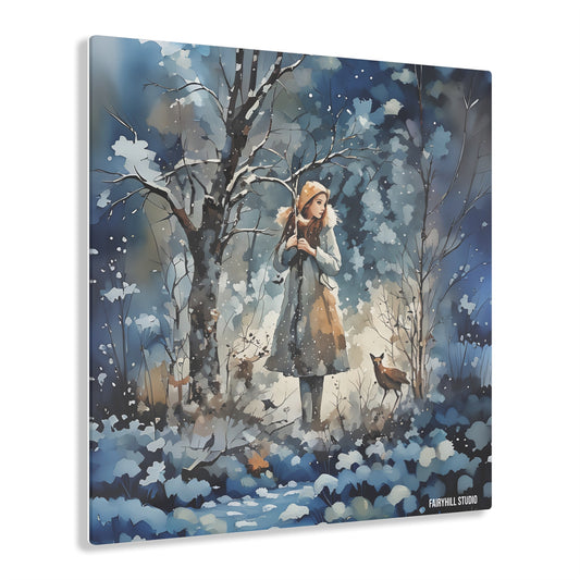 Art Acrylic Prints - Girl with Deer in Winter Snow