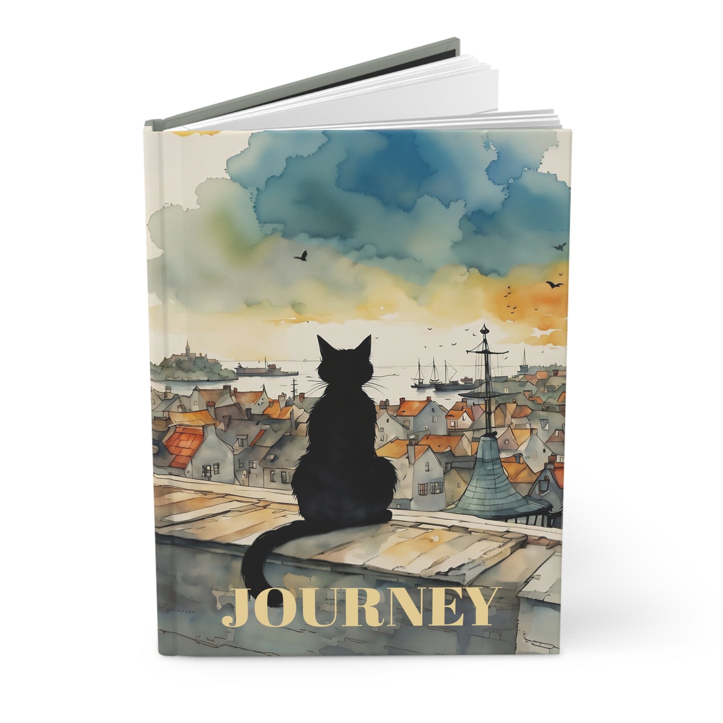 Black cat on a roof top hard cover Journal hard Cover ,Notebook gift art Matte