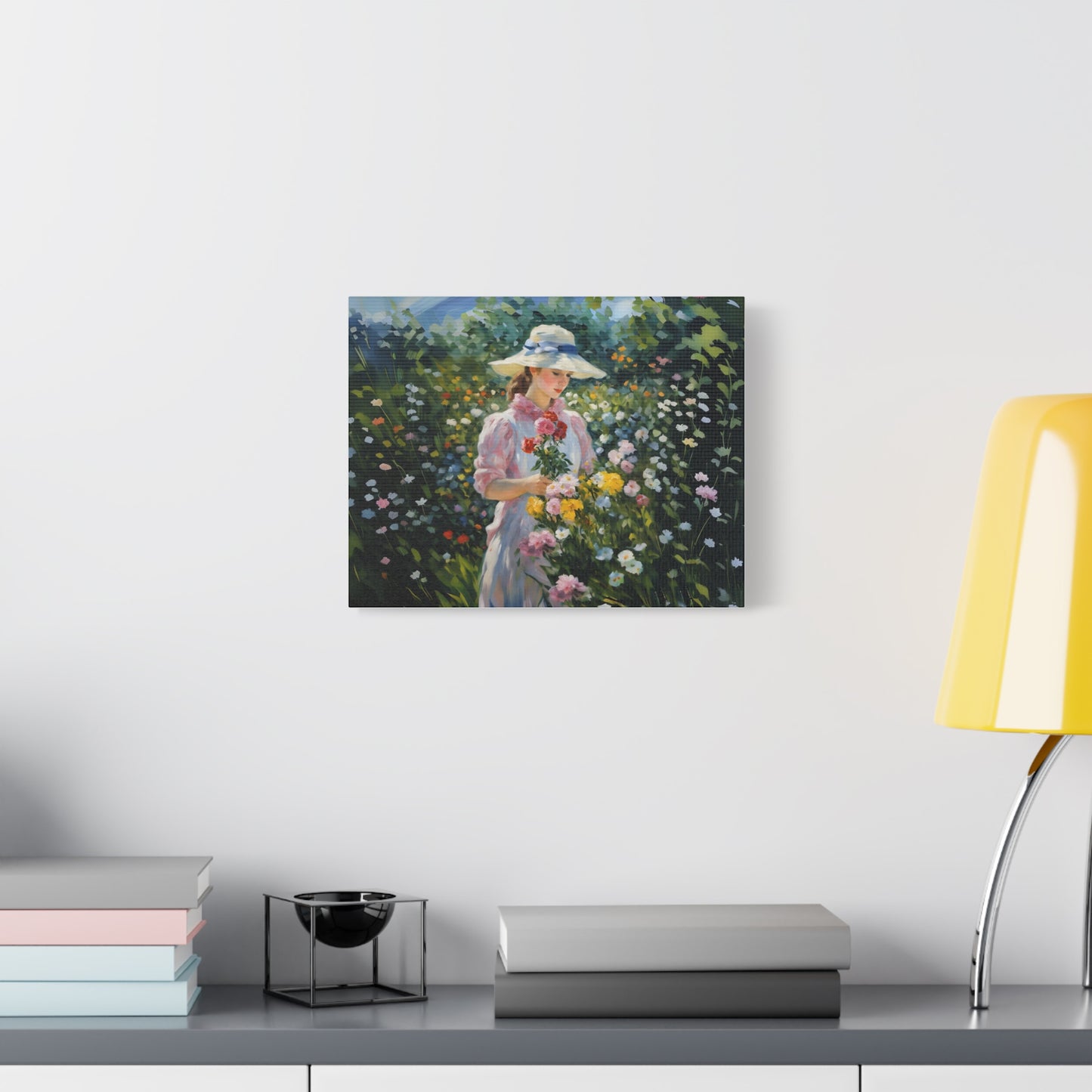Canvas Art - Monet Style Floral Serenity with Elegant Woman and Flower Basket, Stretched Matte 1 25"