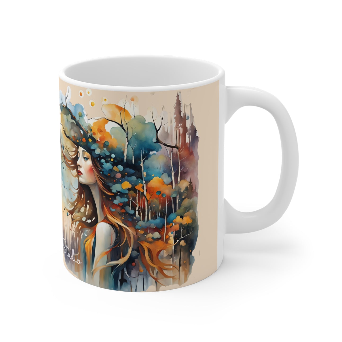 Elegant Woman with colorful hat a dress watching over the city Art Mug - 11oz Coffee Cup for Art Lovers