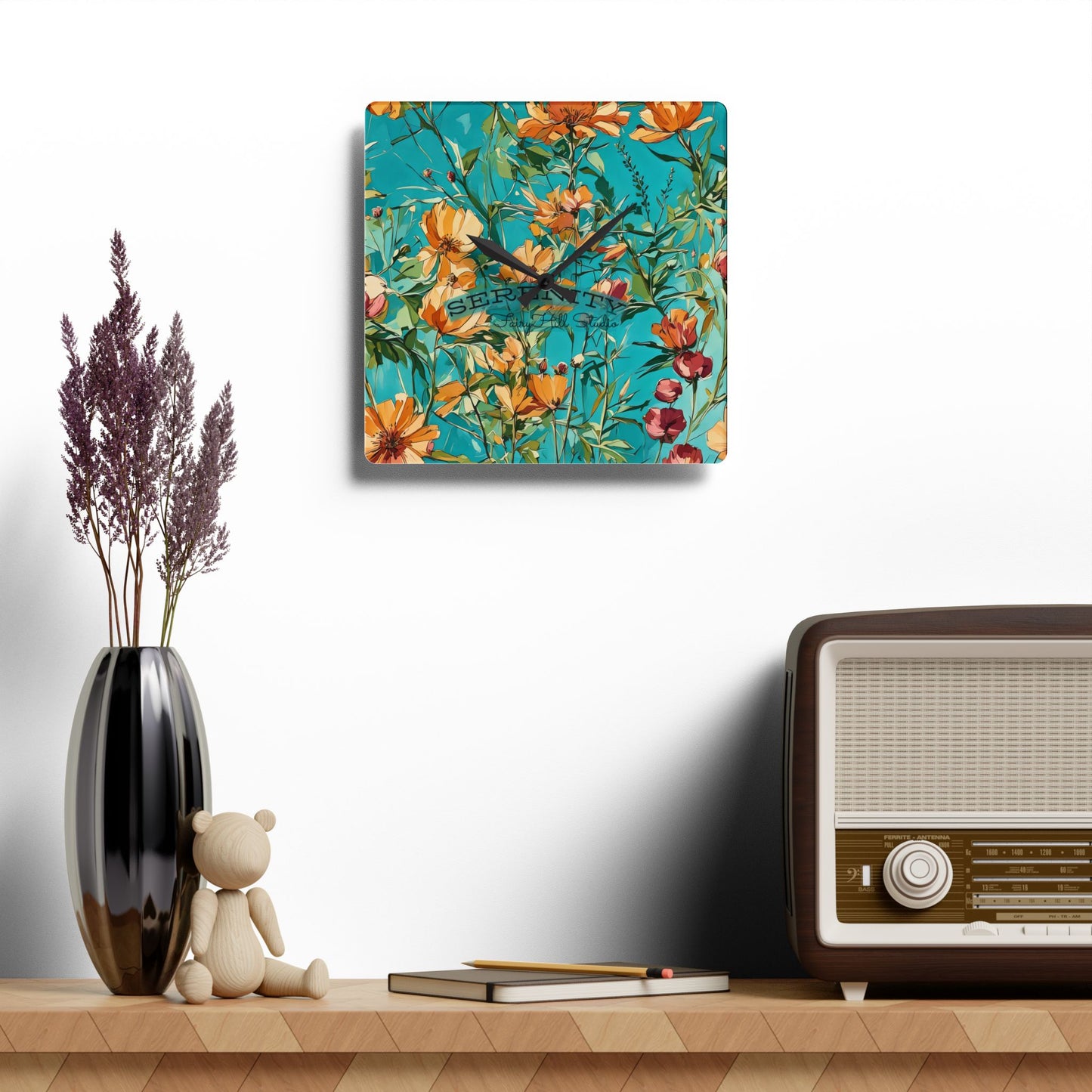 Acrylic Wall Clock blue orange wild flowers
