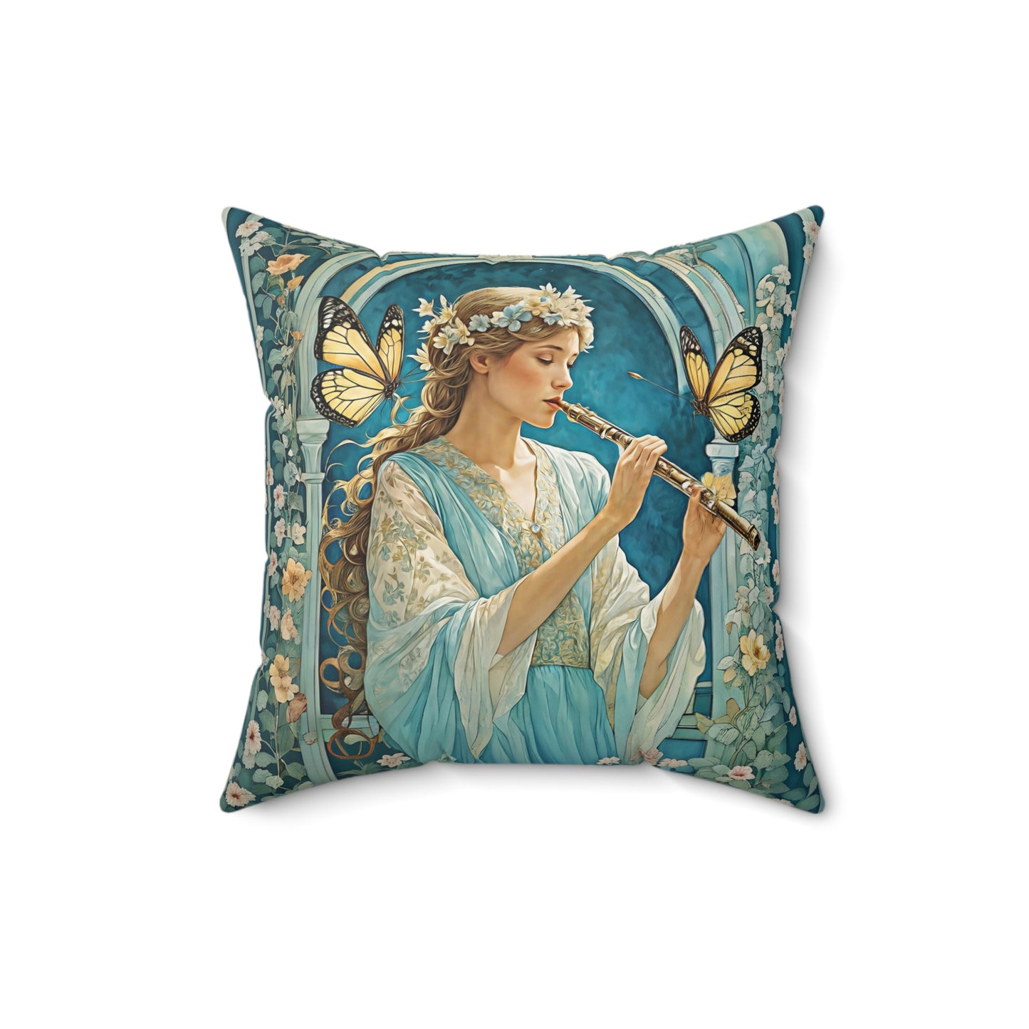 Butterfly / Flute player   Square Pillow -  by Fairyhill Studio