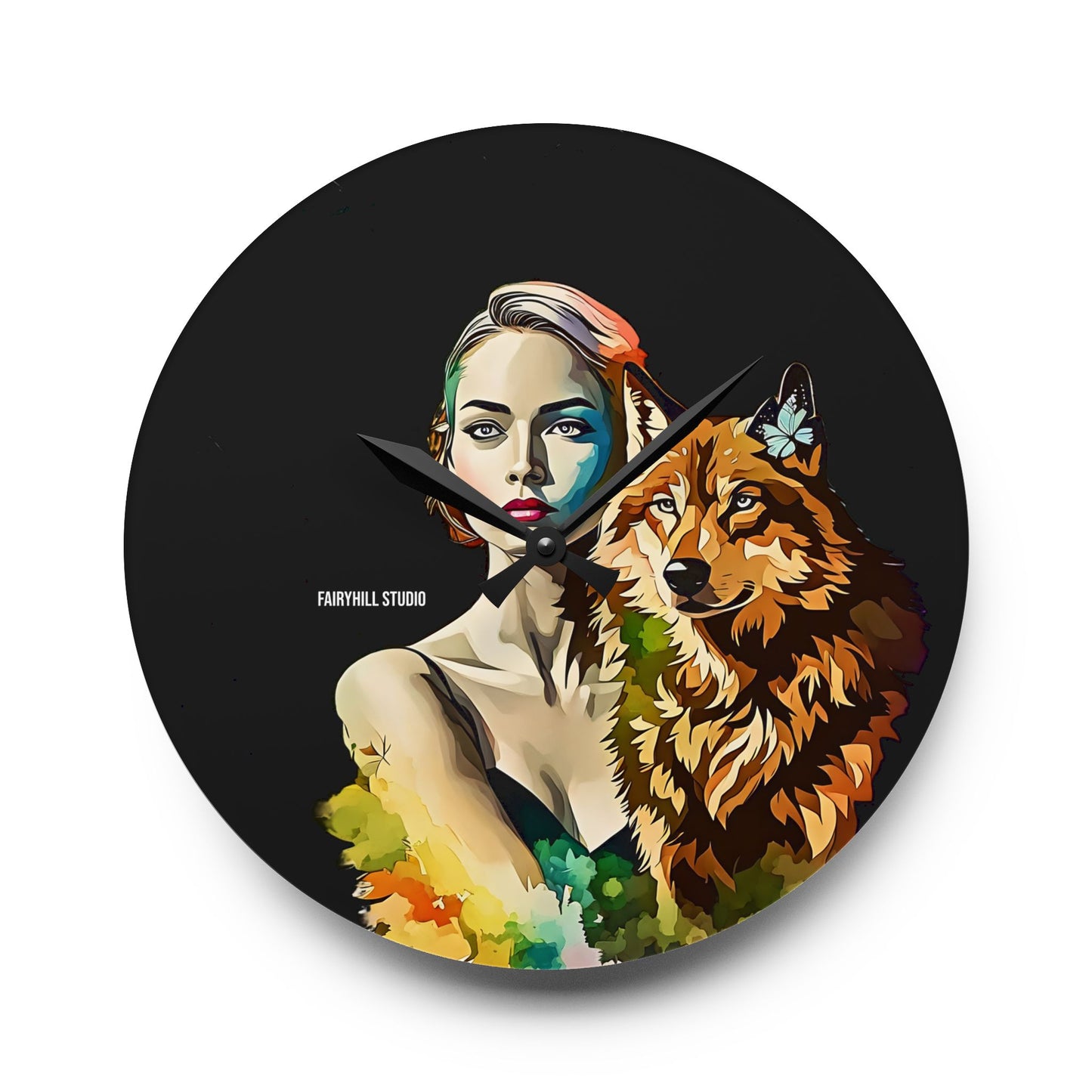 Acrylic Wall Clock -Girl withSpirit Animal Wolf/Art