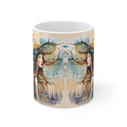 Elegant Woman with colorful hat a dress watching over the city Art Mug - 11oz Coffee Cup for Art Lovers