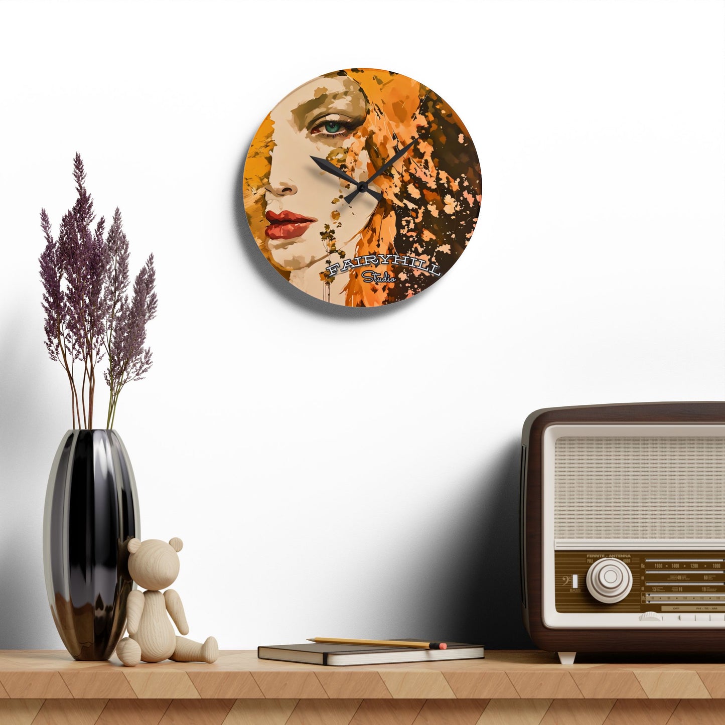 Wall Clock - Golden Dreams Art by Fairyhill Studio featuring Woman in Golden Tones