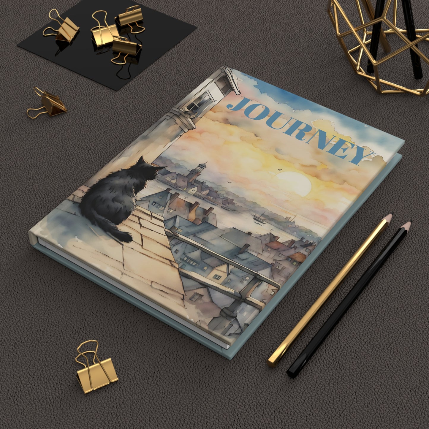 Black cat on a roof top hard cover Journal hard Cover ,Notebook gift art Matte