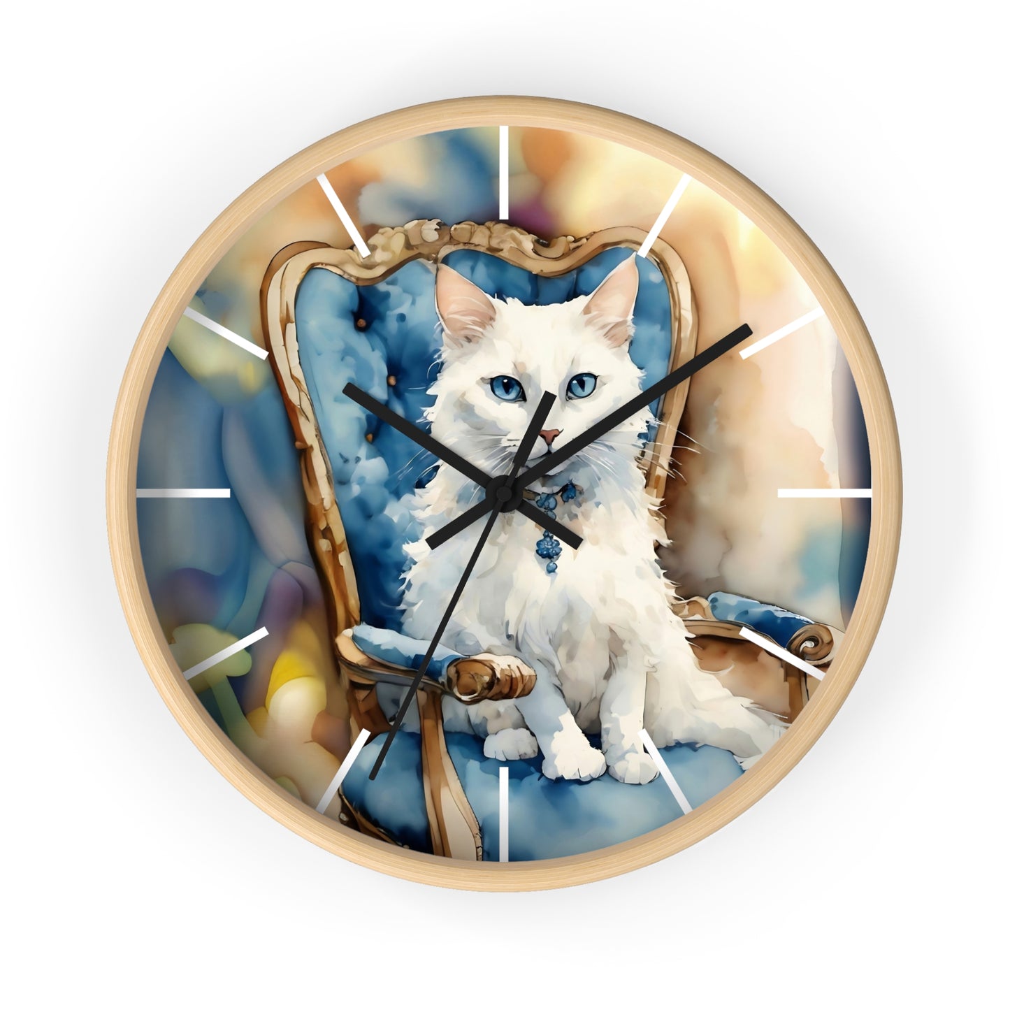 Wall Clock - White Cat with Blue Eyes Art by Fairy Hill Studio