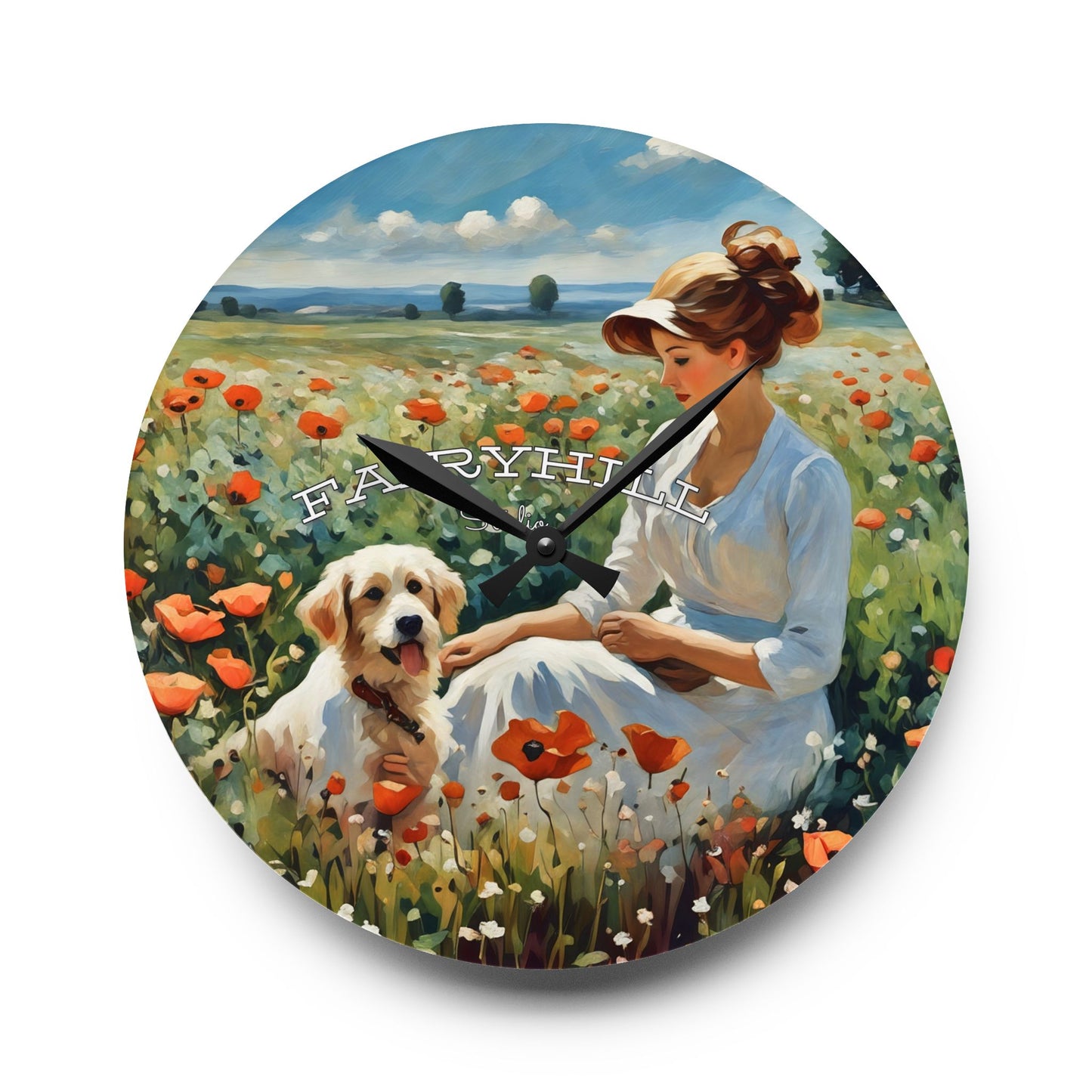Acrylic Wall Clock - Lady with Dog in Flower Field Art by Fairyhill Studio