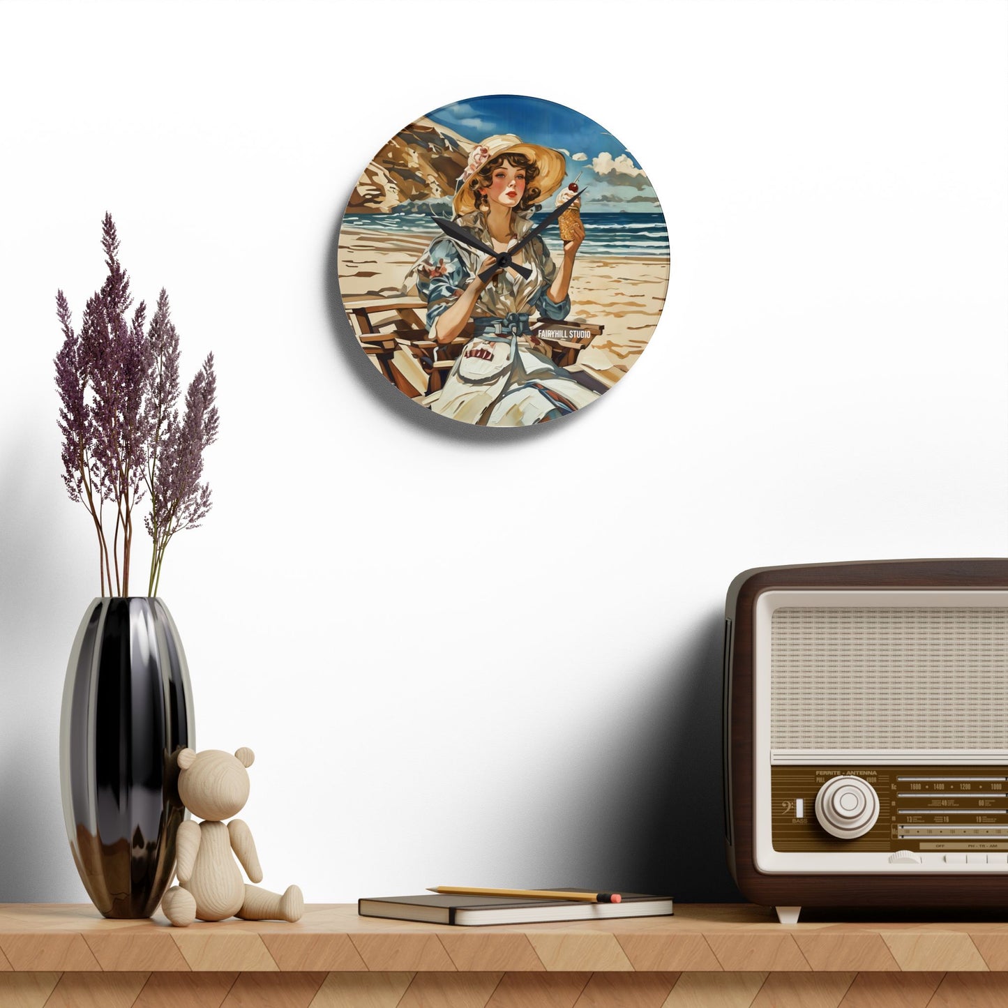 Acrylic Wall Clock Vintage model with an icecream at the beach/Art