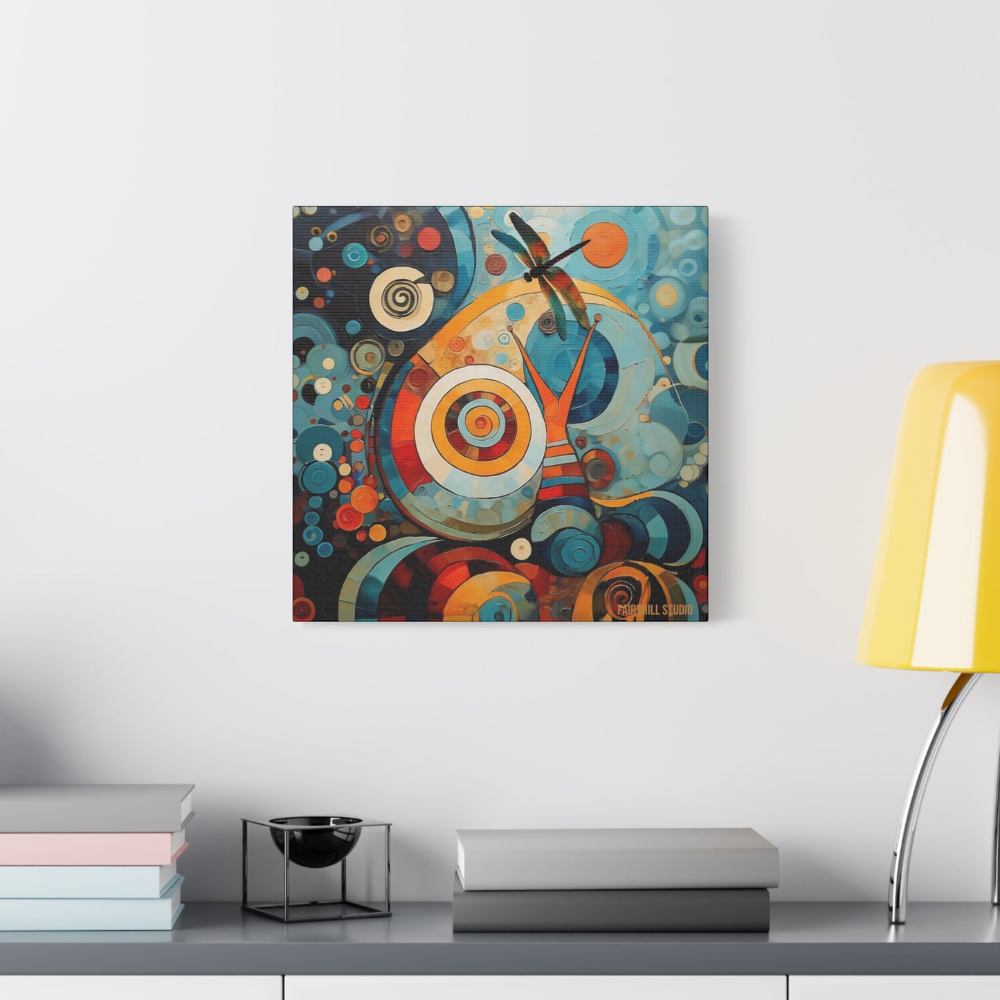 Abstract Colorful Snail Dragonfly Circle Canvas Wall Art