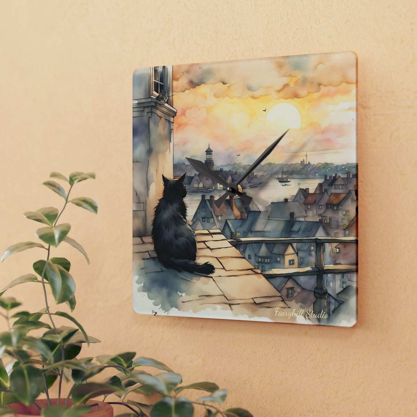 Black Cat on a roof top - by Fairyhill Studio Wall clock Gift Acrylic Wall Clock