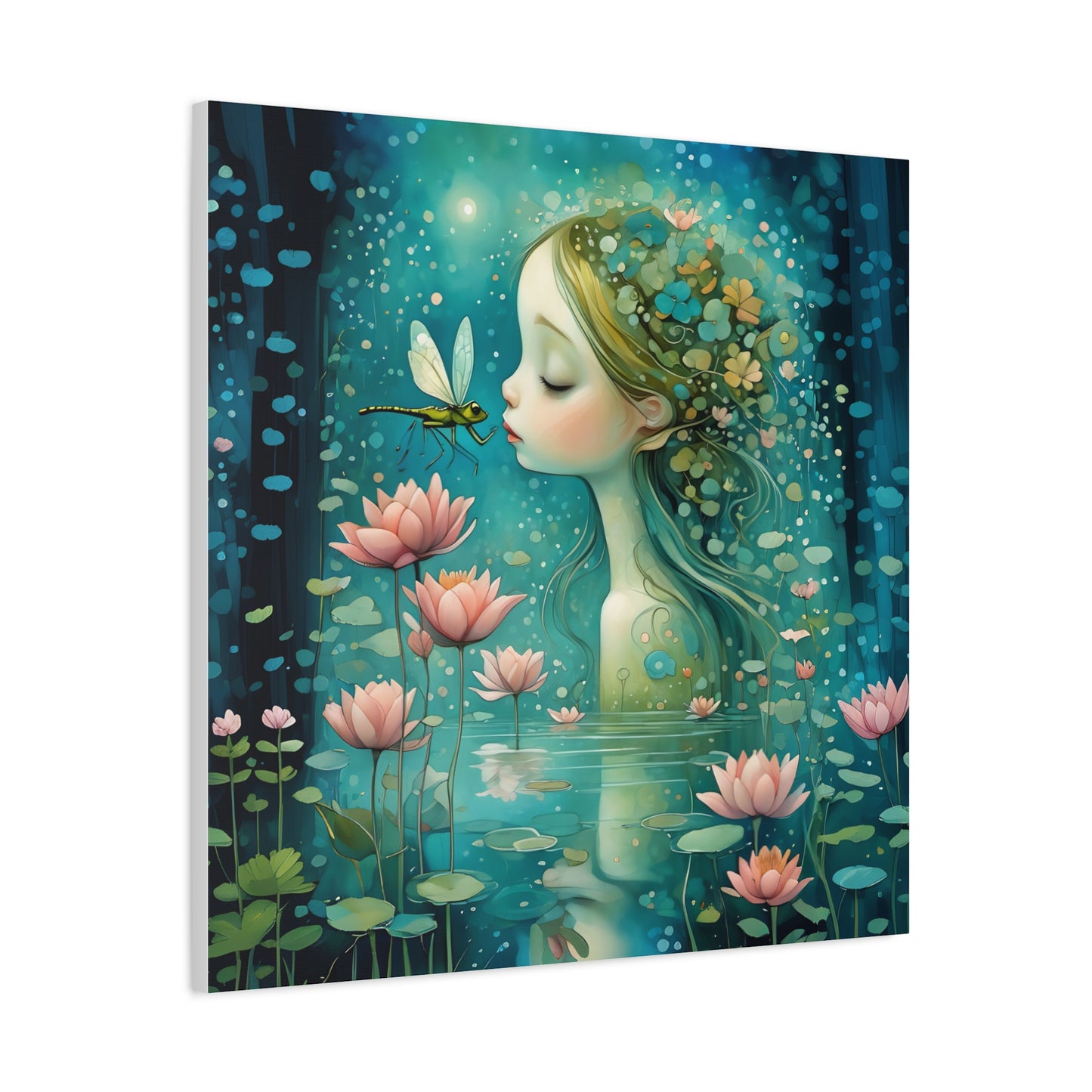 Whimsical Water  Fairy with a dragonfly Canvas Art - Enchanting Home Decor for Nature Lovers