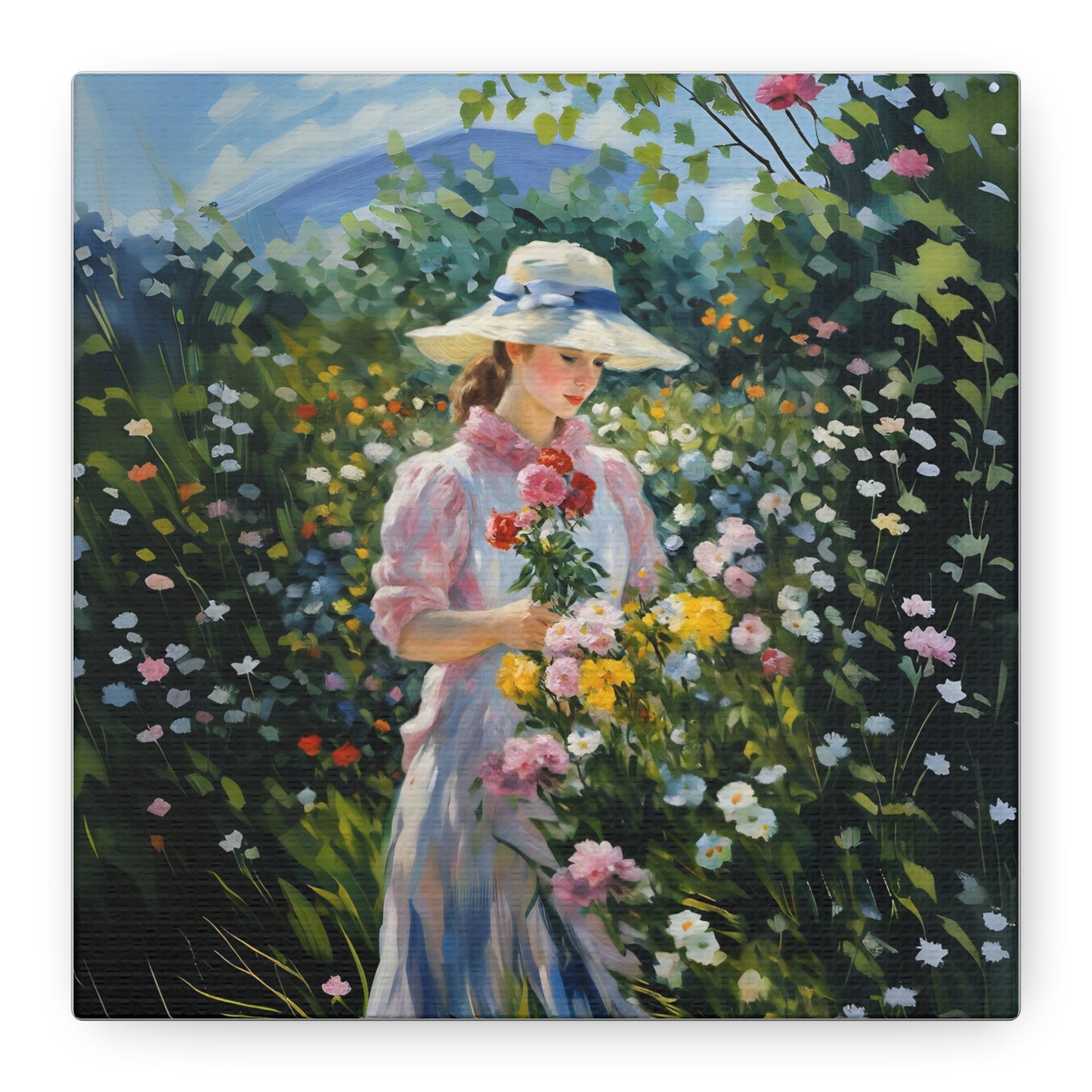 Canvas Art - Monet Style Floral Serenity with Elegant Woman and Flower Basket, Stretched Matte 1 25"