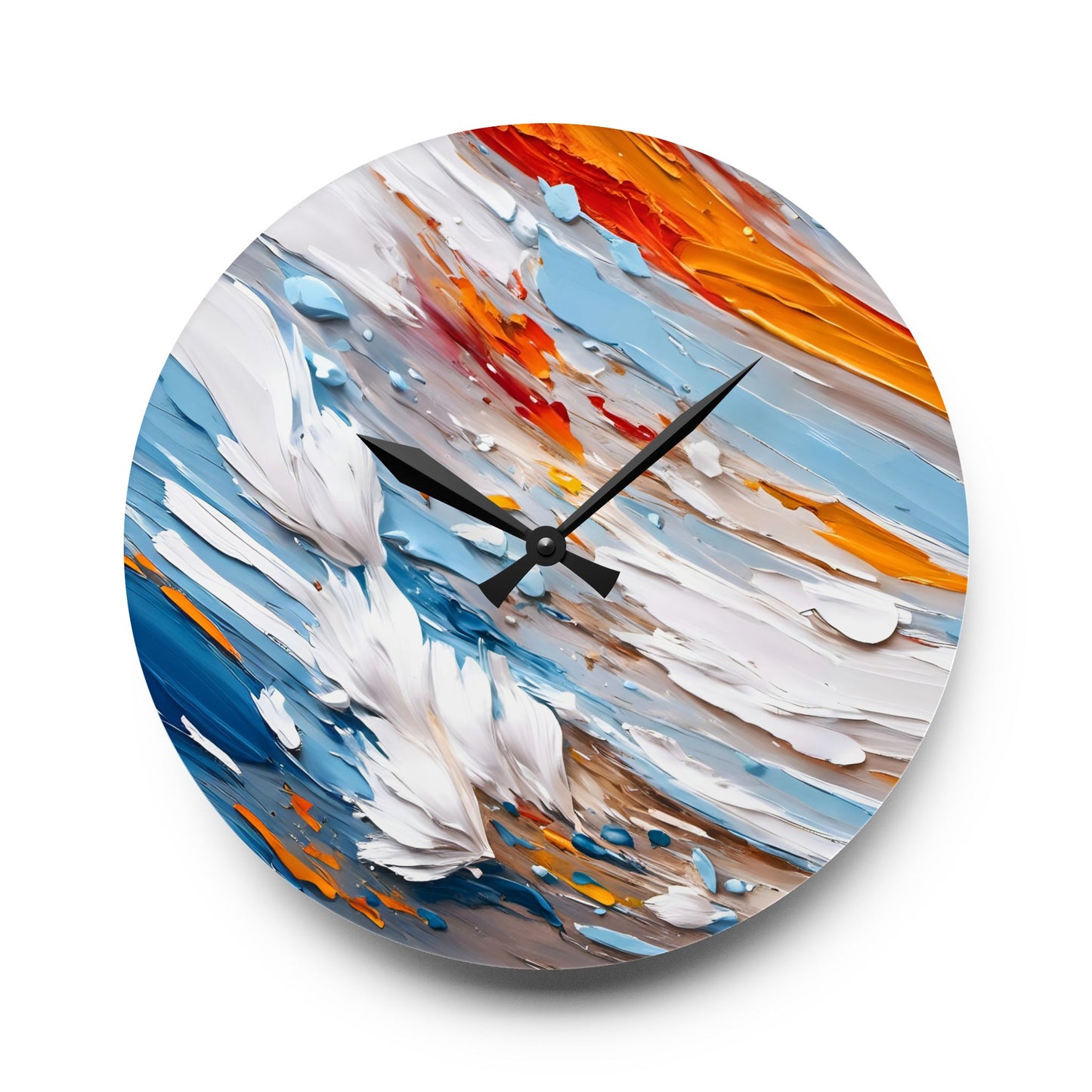 Abstract Impasto Acrylic Wall Clock - White Aqua Orange Colors by Fairyhill Studio