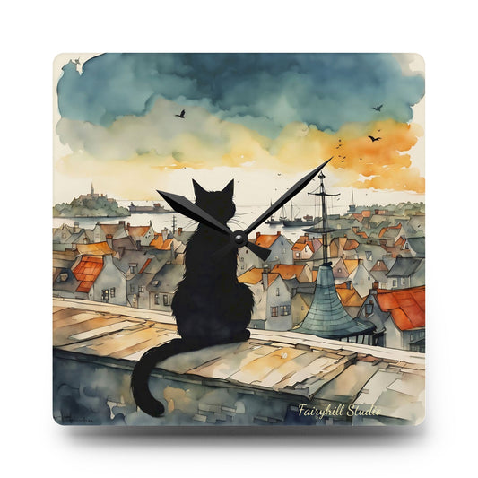 Black Cat on a roof top - by Fairyhill Studio  Wall clock  Gift   Acrylic Wall Clock