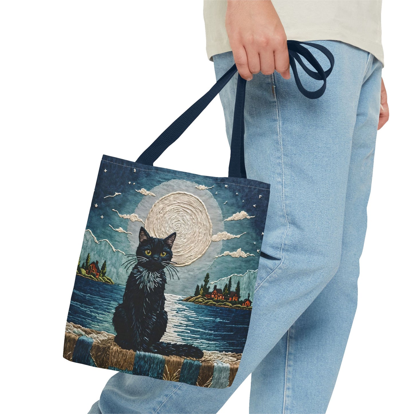 Embroidery Black Cat Tote Bag
