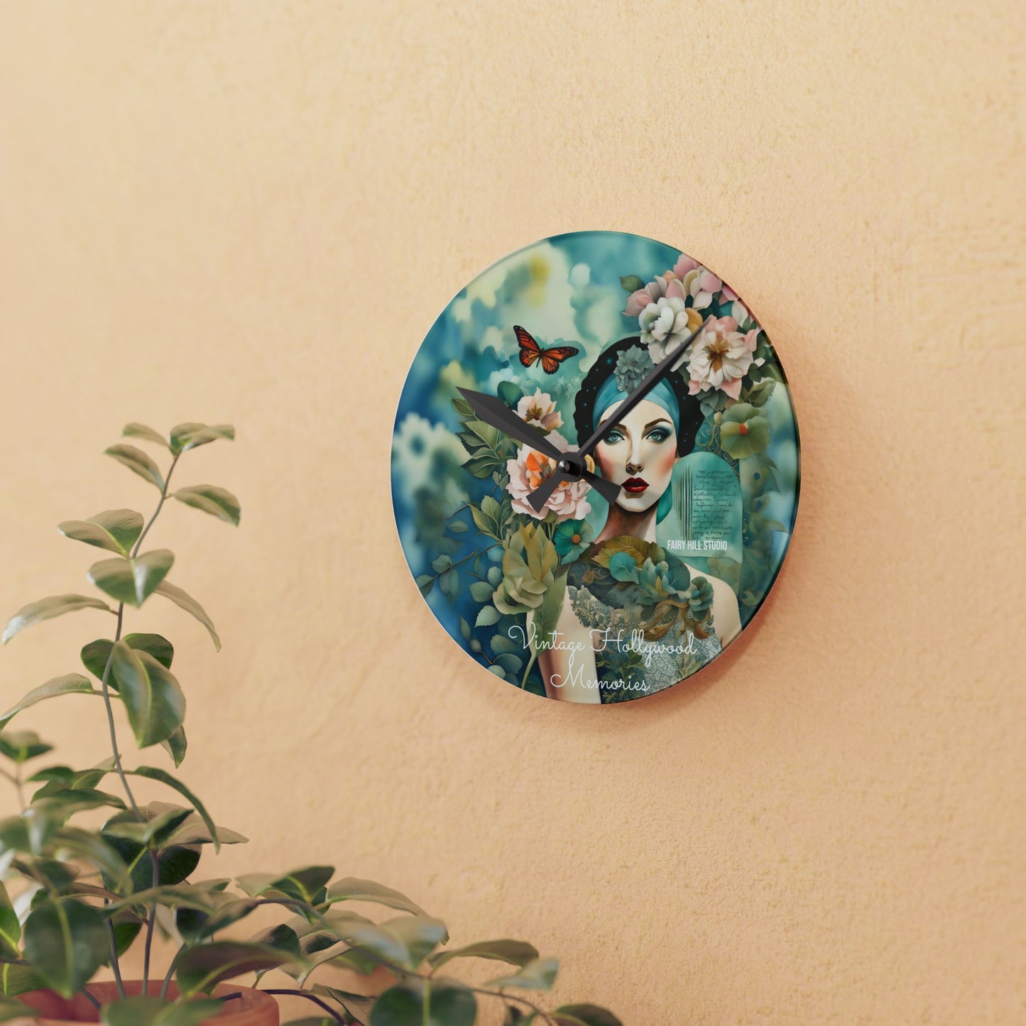 Acrylic Wall Clock - Vintage Hollywood Beauty Collage Art Style with Flowers