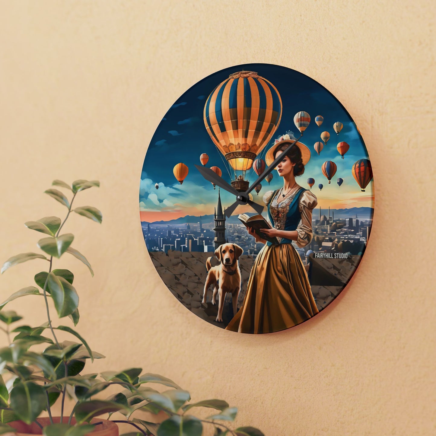Wall Clock - Hot Air Balloons and Victorian Girl Reading with Dog Design
