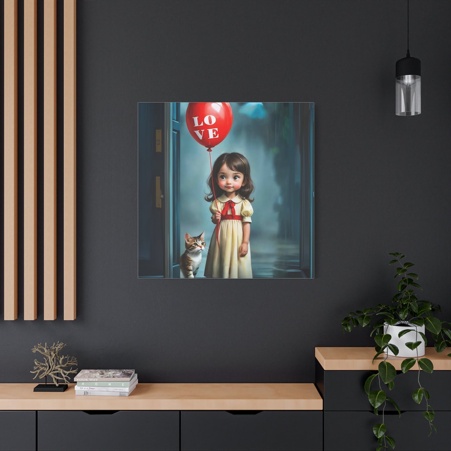 Canvas Print - Cute Girl with Red Love Balloon and Cat Art by Fairyhill Studio