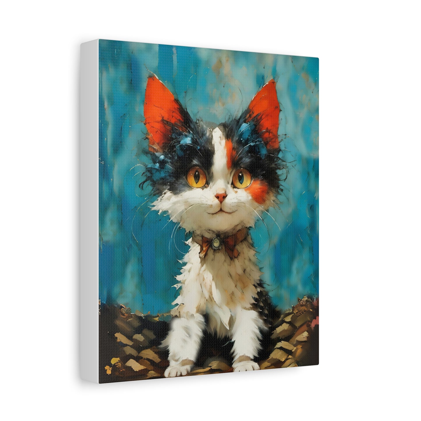 Whimsical cute Cat in aqua and orange colors Canvas Art  by FairyHill Studio