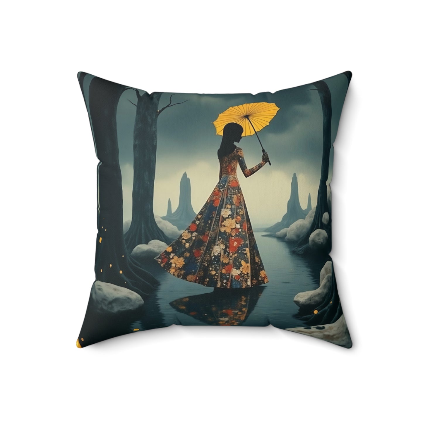 Yellow umbrella  Square Pillow - by Fairyhill Studio