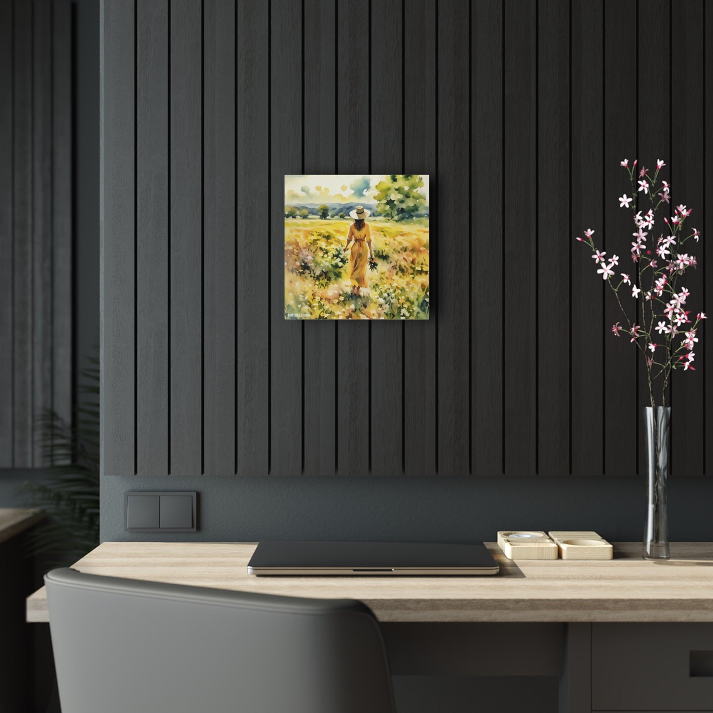 FairyHill Studio Woman in yellow dress in a Daffodil field Art Acrylic Print -