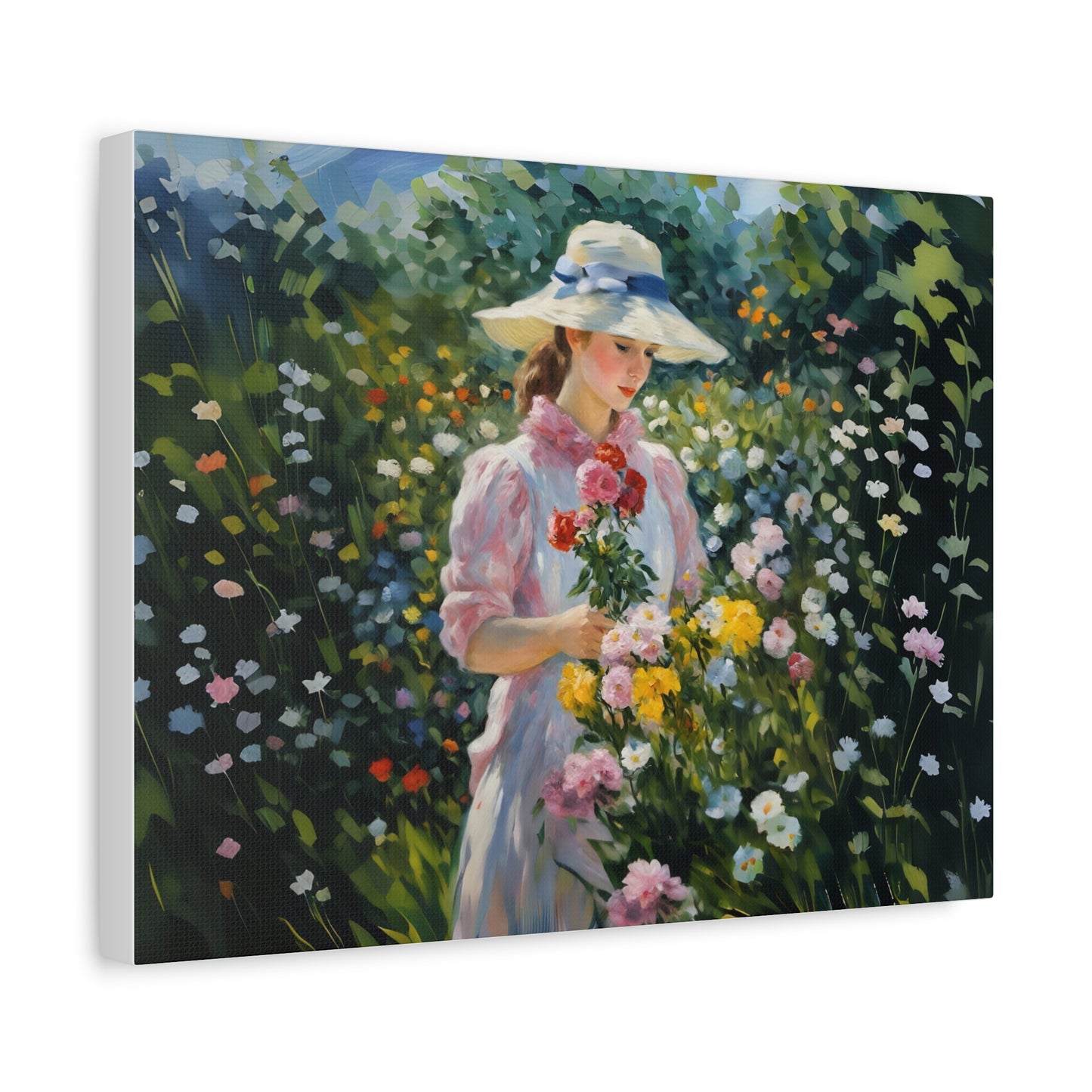 Canvas Art - Monet Style Floral Serenity with Elegant Woman and Flower Basket, Stretched Matte 1 25"