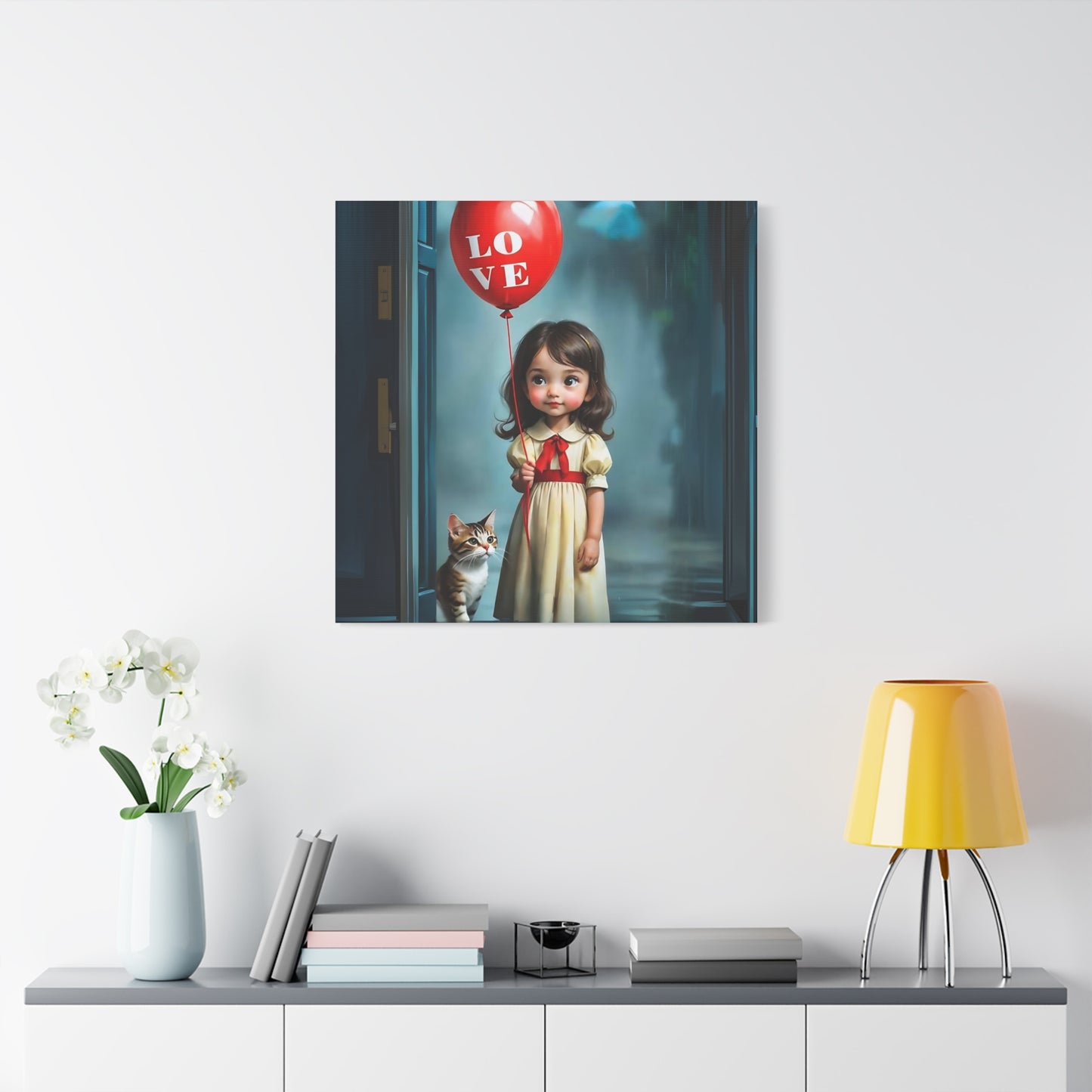 Canvas Print - Cute Girl with Red Love Balloon and Cat Art by Fairyhill Studio