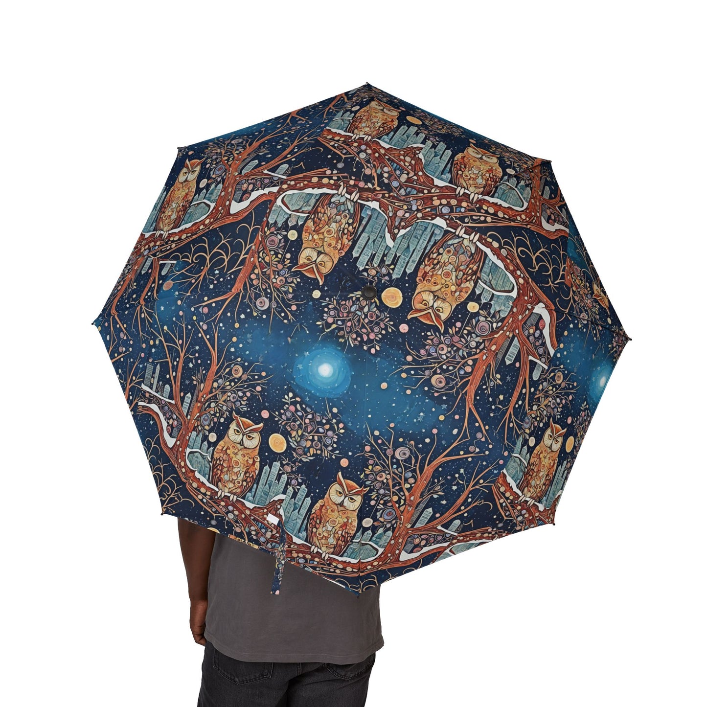 Artistic Owl Design Semi-Automatic Foldable Umbrella, Unique Rain Gear, Gift for Nature Lovers, Stylish Outdoor Accessory, Floral Print