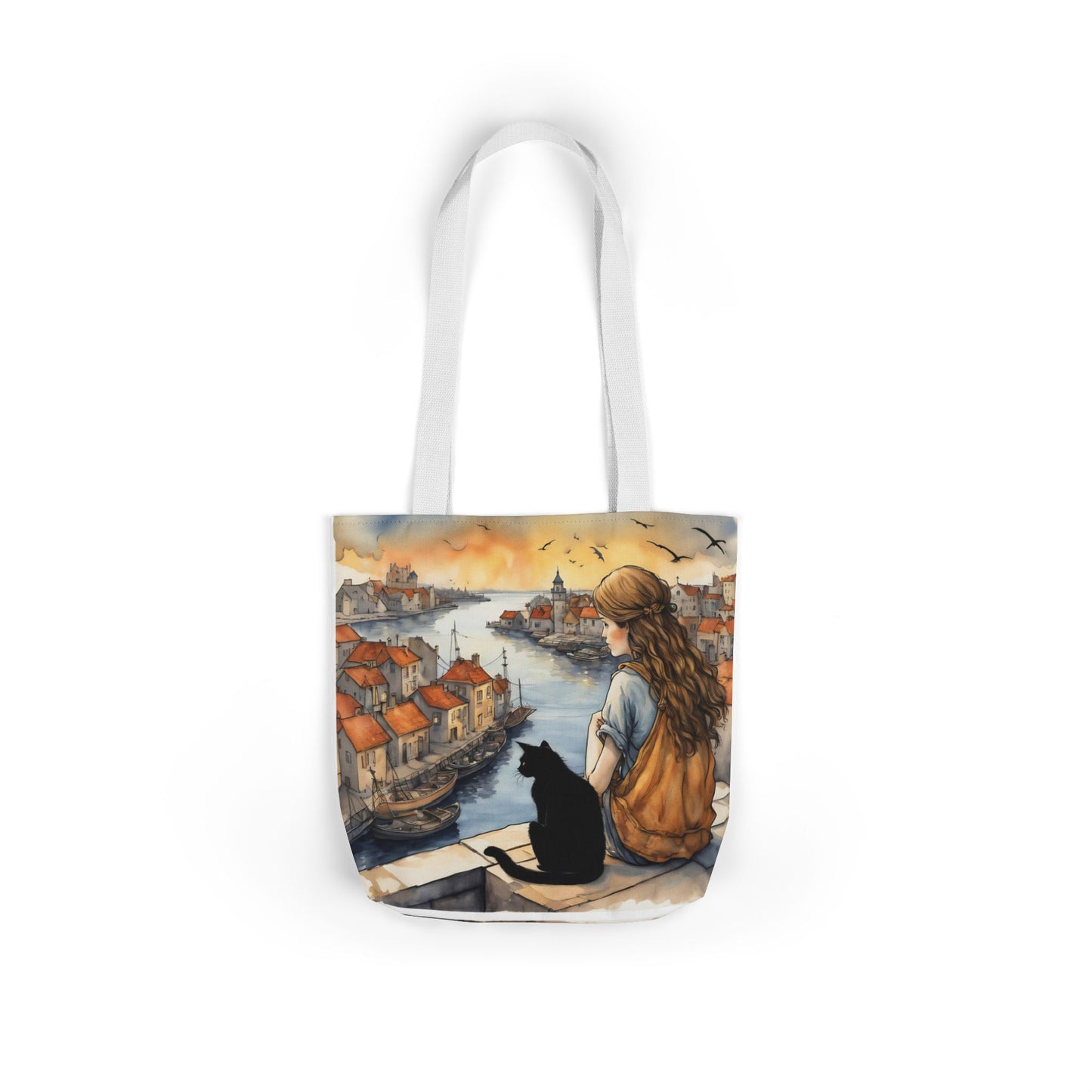 Girl with a Black cat on a roof top FairyHill Studio Red phone- Canvas Tote Bag - Perfect for Beach Days, Eco-Friendly Shopping, and Summer Fun!