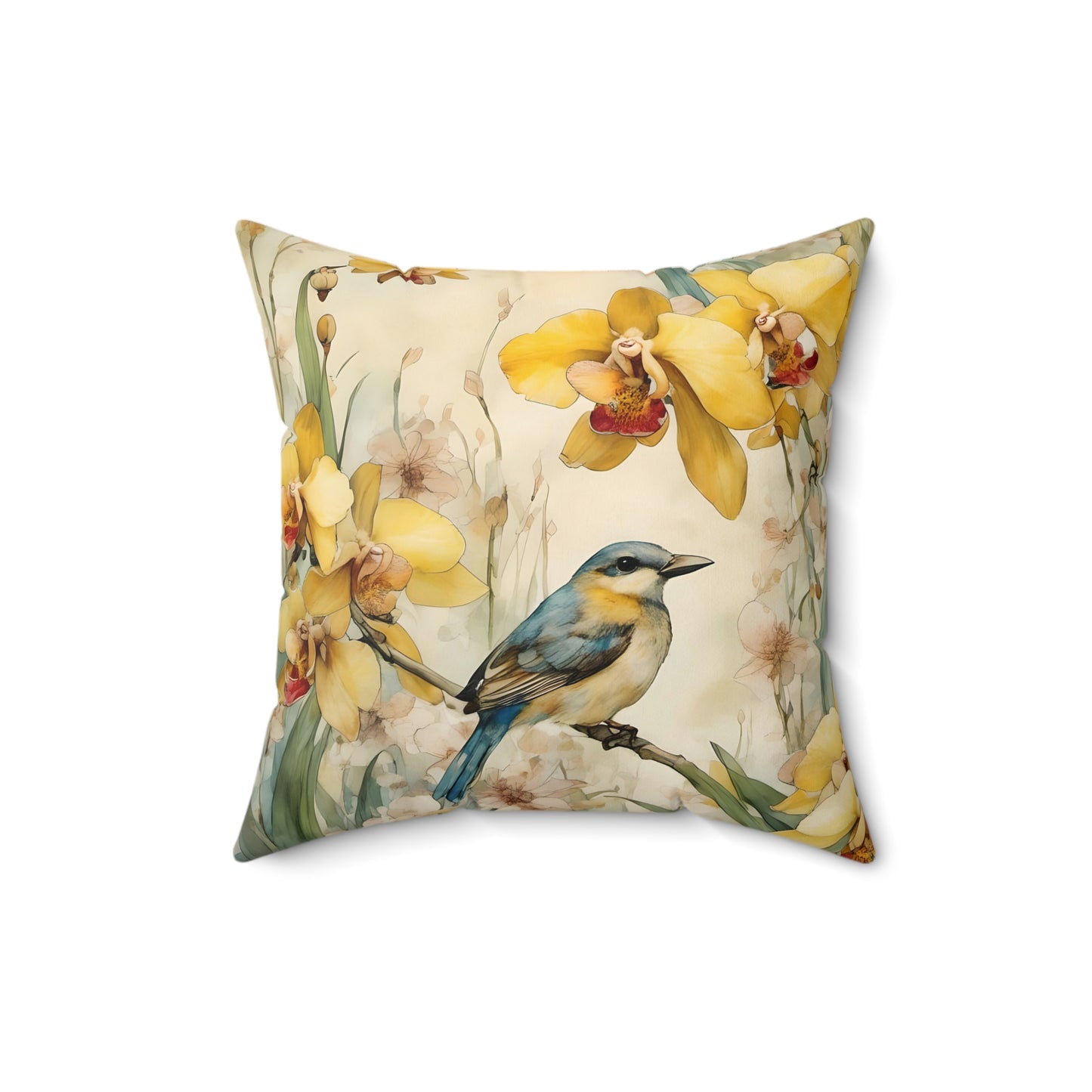 Square Pillow Blue Bird Yellow Flowers Summer Art Throw Pillow