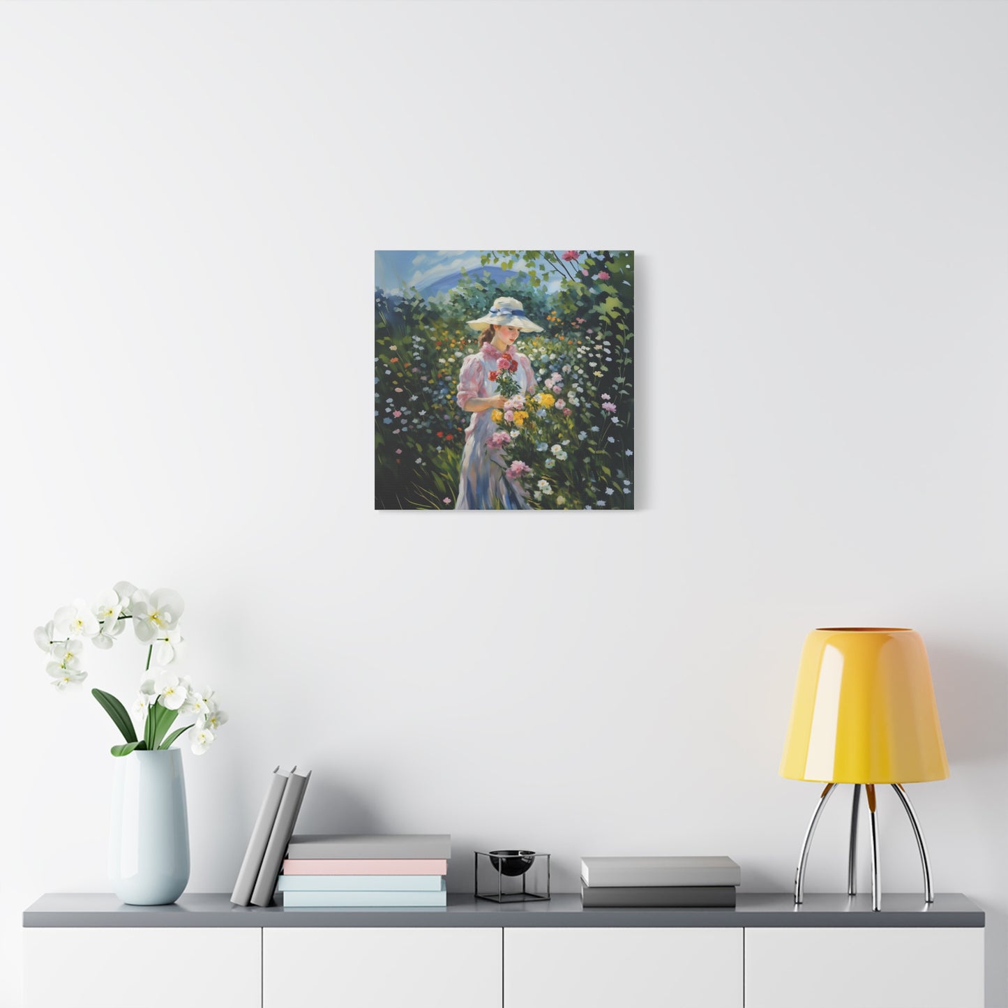 Canvas Art - Monet Style Floral Serenity with Elegant Woman and Flower Basket, Stretched Matte 1 25"