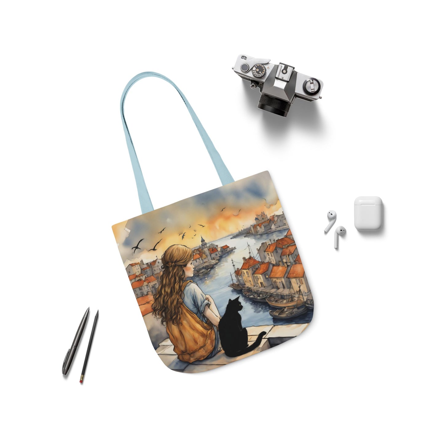 Girl with a Black cat on a roof top FairyHill Studio Red phone- Canvas Tote Bag - Perfect for Beach Days, Eco-Friendly Shopping, and Summer Fun!