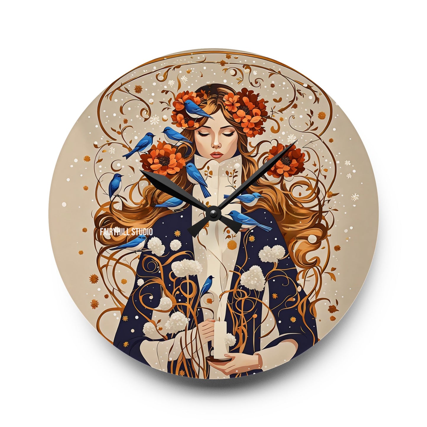 Acrylic Wall Clock - Blue Birds in Winter