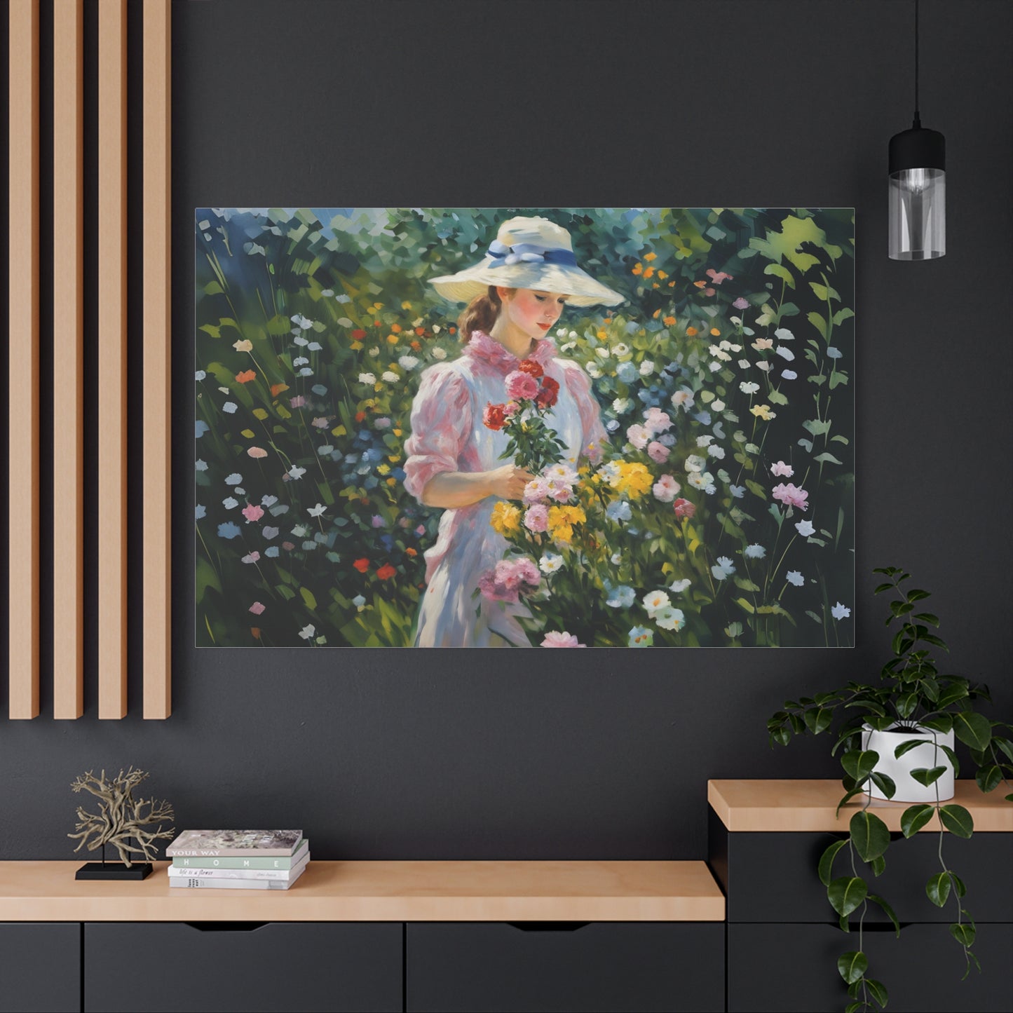 Canvas Art - Monet Style Floral Serenity with Elegant Woman and Flower Basket, Stretched Matte 1 25"