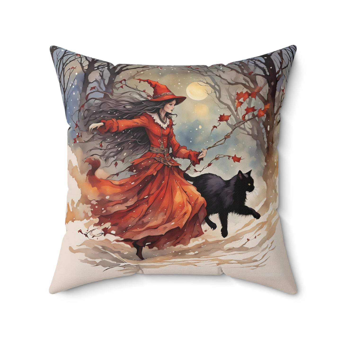 Crimson witch with black cat pillow Square Pillow - by Fairyhill Studio