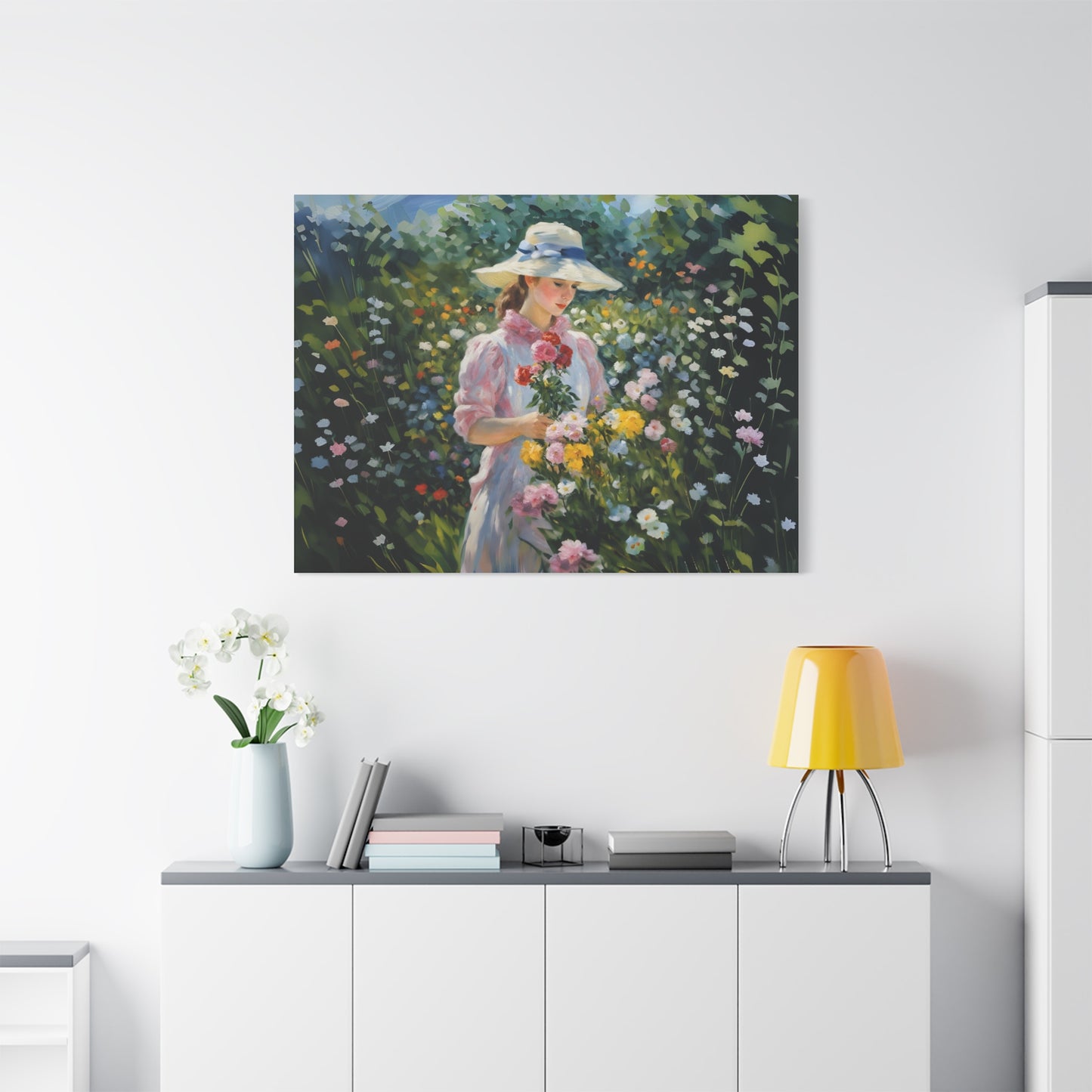 Canvas Art - Monet Style Floral Serenity with Elegant Woman and Flower Basket, Stretched Matte 1 25"