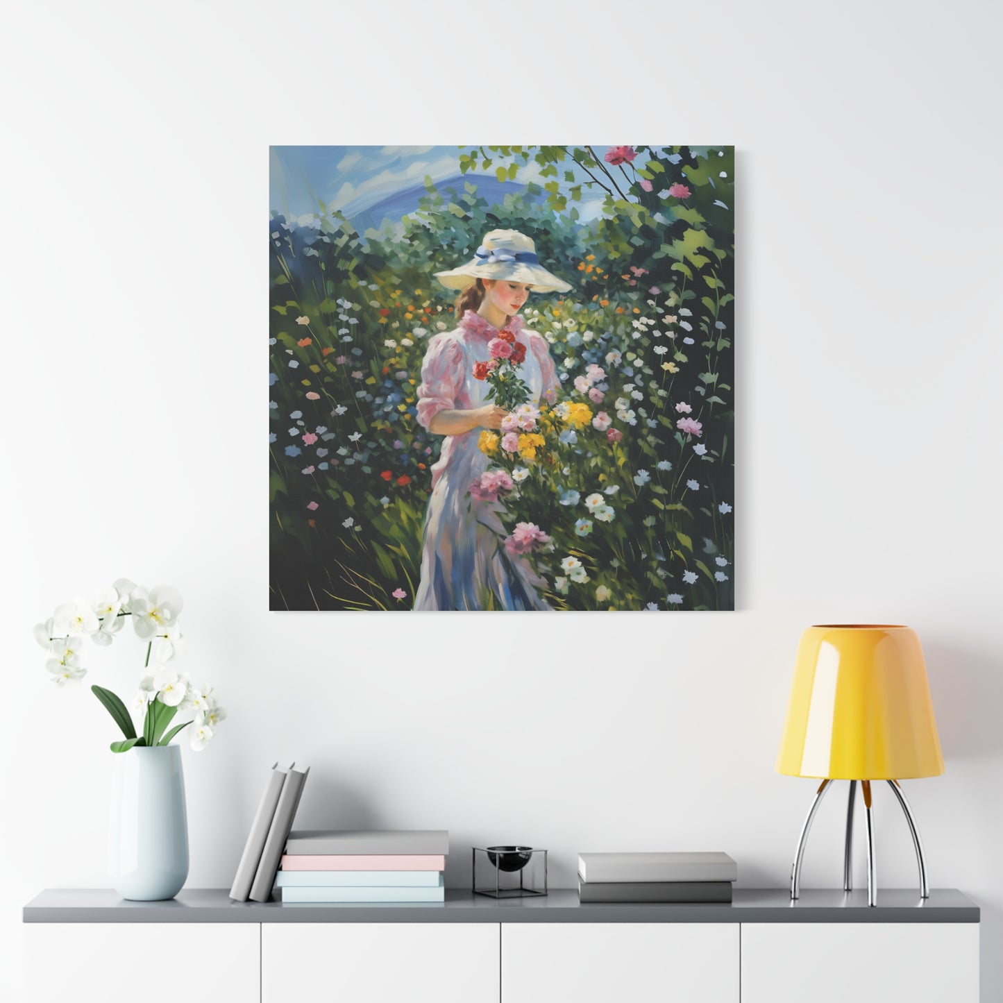 Canvas Art - Monet Style Floral Serenity with Elegant Woman and Flower Basket, Stretched Matte 1 25"