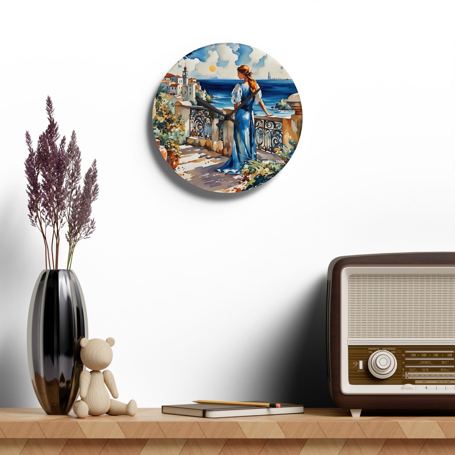 Acrylic Wall Clock - Mediterranean Balcony Sea View Watercolor Art