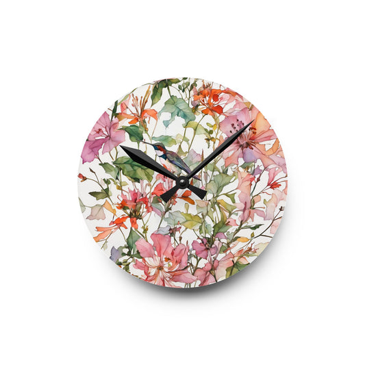 Wall Clock - Hummingbird in Pink Wild Flowers Watercolor Art by Fairyhill Studio