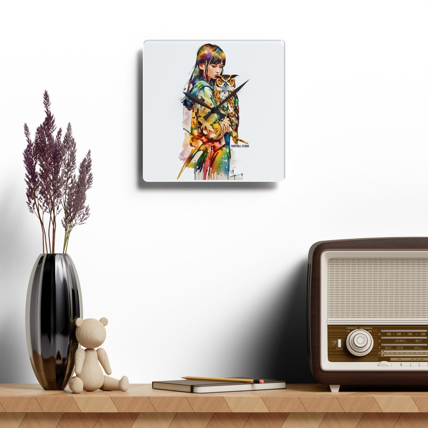 Acrylic Wall Clock -Girl with Owl Art